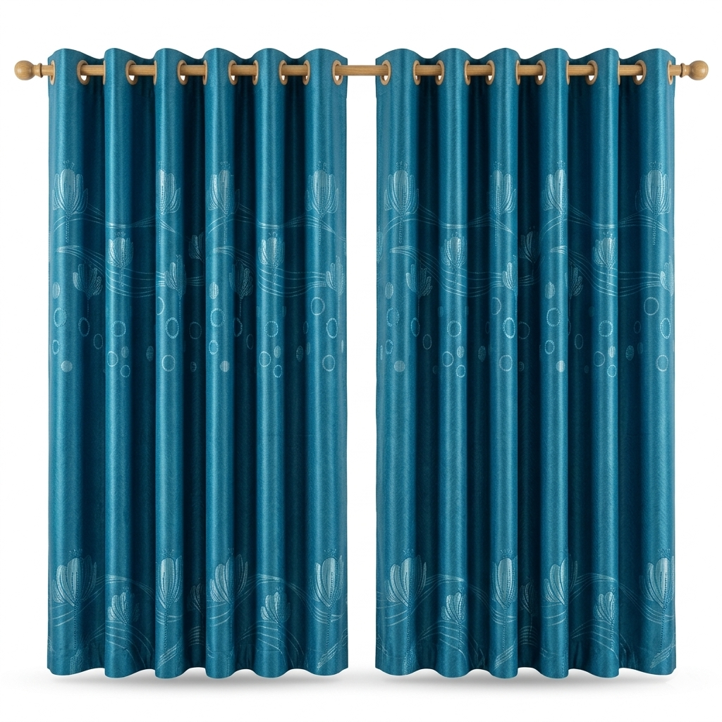 Blue Toned Floral Pattern Satin Curtain