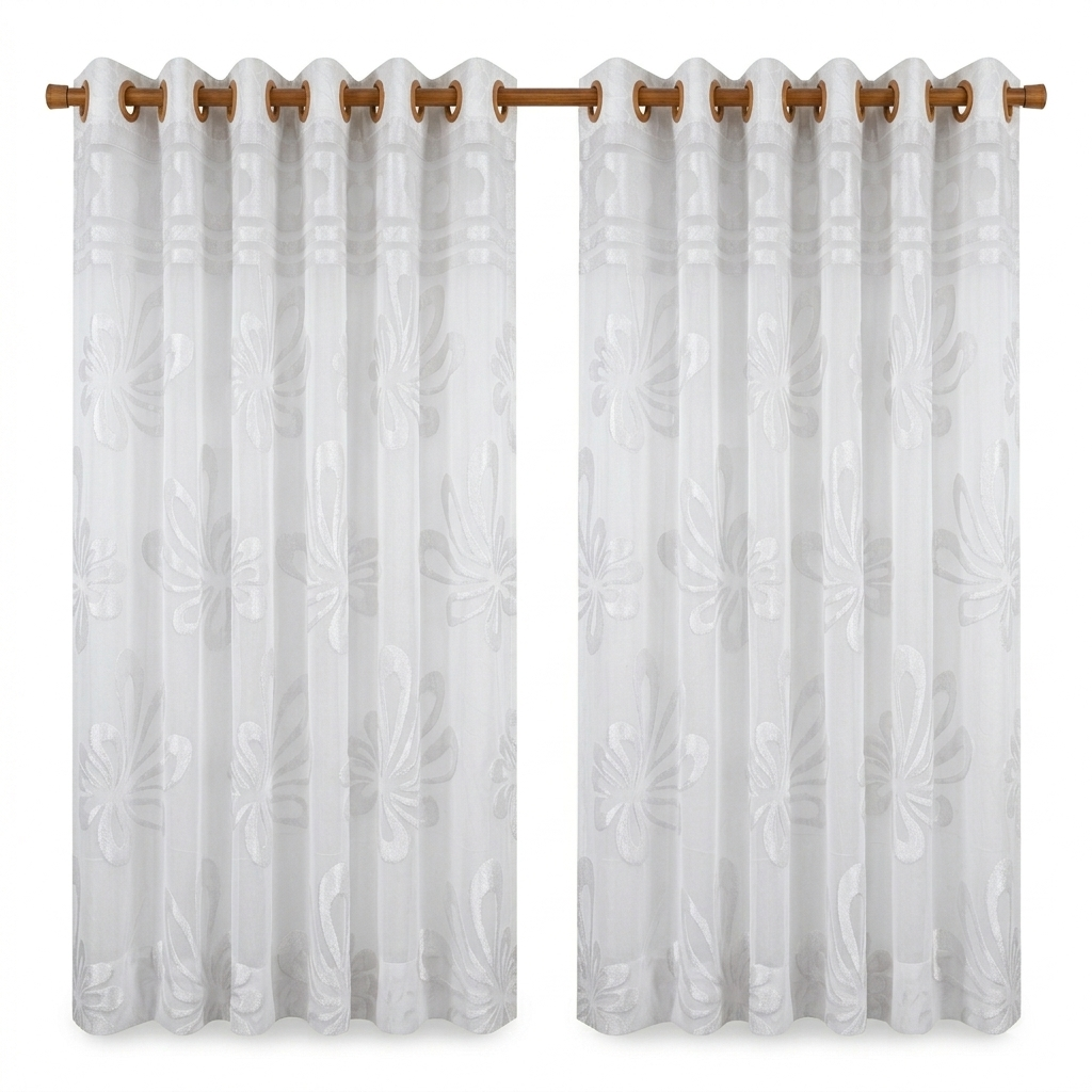 White Floral Embroidered Sheer Eyelet Curtain