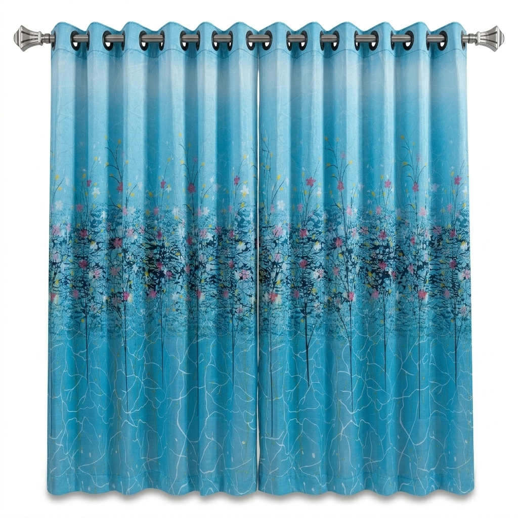 Blue Floral Panel Eyelet Curtain